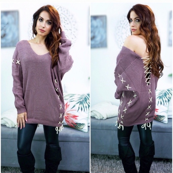Dusty Mauve Lace Up Oversized Sweater 🎉HOST PICK🎉 - Picture 5 of 9